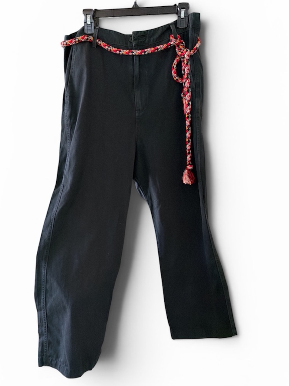 The Great Black Wide Leg Pants with Braided Red Accent Belt